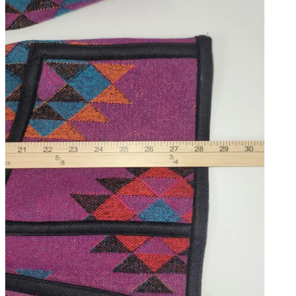 VINTAGE WOOL BLEND AZTEC PRINT BUTTON UP JACKET W FRINGE DETAIL, SZ LARGE